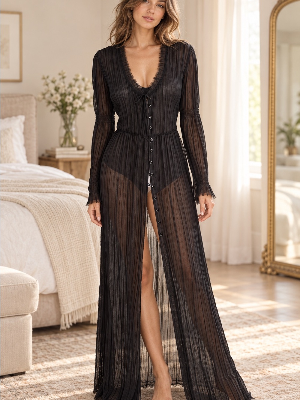 Free People black sheer pleated maxi duster size small